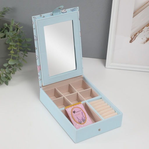 Шкатулка для украшений «Панда и ракушки», с зеркалом, искусственная кожа, голубая, 15×21.5×5.5 см