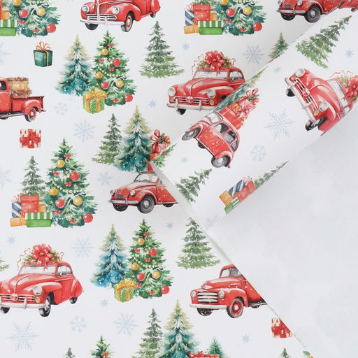 Цена за 10 шт. Упаковочная бумага на новый год «Машинка с подарками», 50×70 см, глянцевая