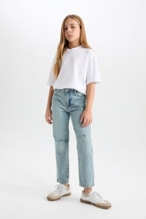 K?z Cocuk Mom Fit Y?rt?k Detayl? Dar Paca Jean Pantolon