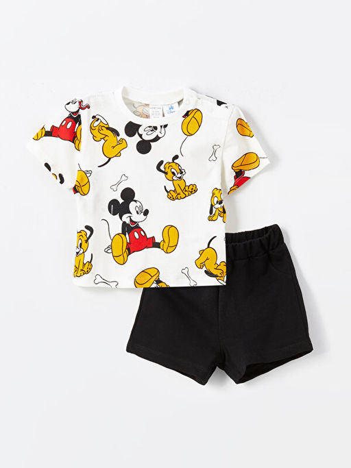 Bisiklet Yaka K?sa Kollu Mickey Mouse Bask?l? Erkek Bebek Ti??rt ve ?ort 2li Tak?m