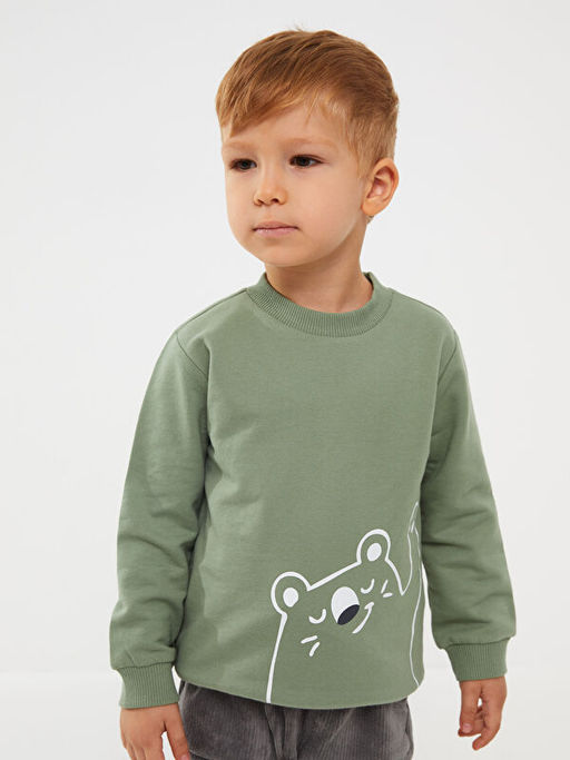 Bisiklet Yaka Bask?l? Erkek Bebek Sweatshirt