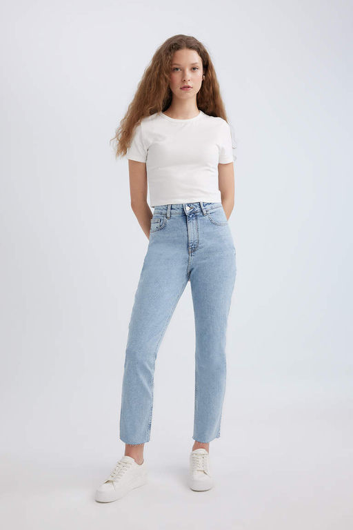 Джинсовые брюки прямого кроя Mary Vintage длиной до щиколотки с высокой талией и потертостями - Defacto фото 2