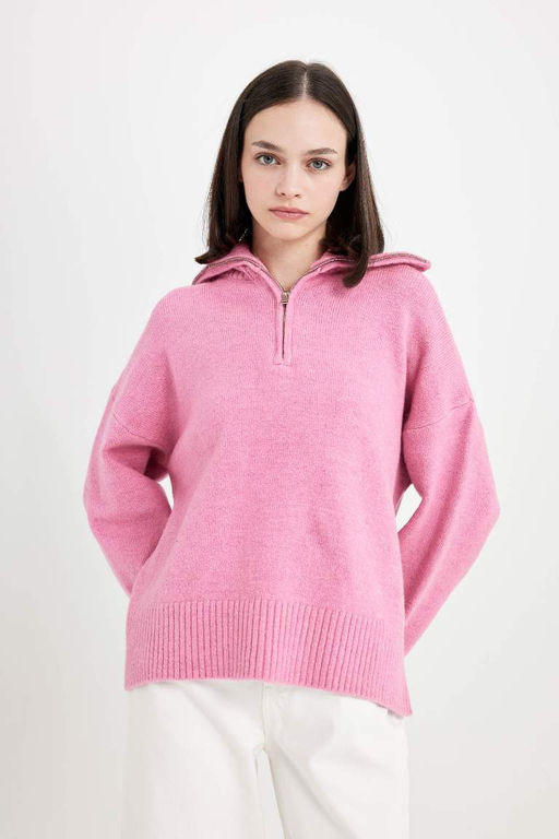 Трикотажный свитер оверсайз с широким кроем и половиной молнии с высоким воротником - Defacto фото 3