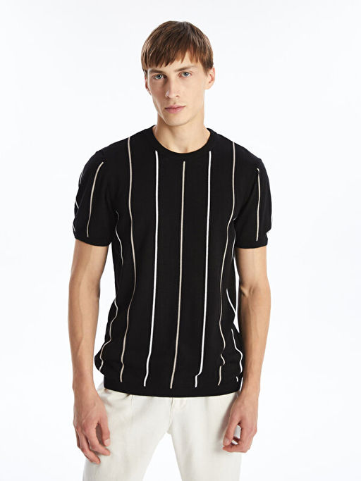 Bisiklet Yaka K?sa Kollu ?izgili Erkek Triko Kazak