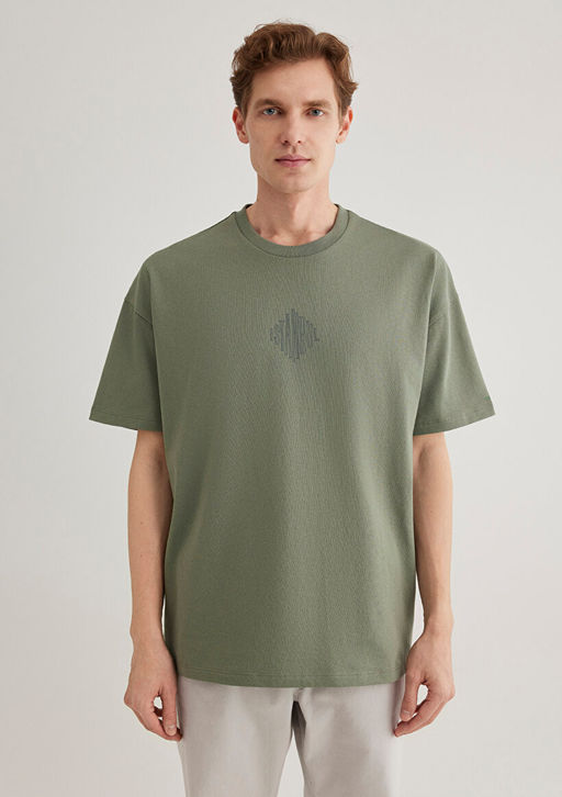 S?rt Bask?l? Haki Istanbul Tisort - Mavi фото 4