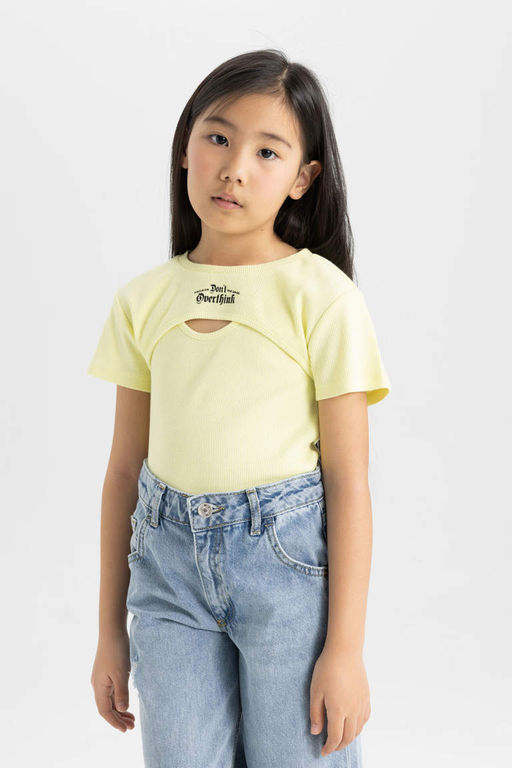 Футболка из двух частей с короткими рукавами в рубчик для девочек - Defacto фото 4