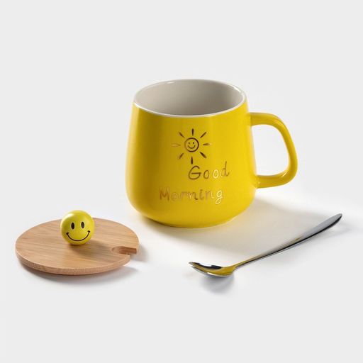 Кружка керамическая «Смайл», 350 мл, с деревянной крышкой и ложкой, цвет и рисунок МИКС