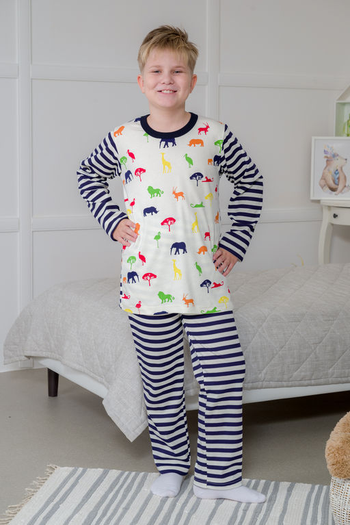 Пижама детская из джемпера и брюк без манжет из интерлока Сафари темно-синий полоса - Амадэль фото 13