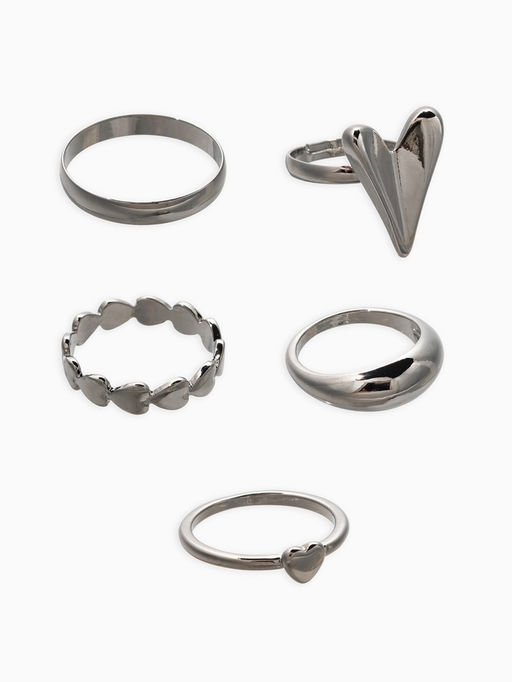 Набор колец 5 шт "Новый стиль" сердечки, размер МИКС, цвет серебро