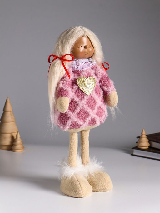 Интерьерная кукла текстильная Малышка с хвостиками в розовом платье с сердцем, 14?8.5?32 см