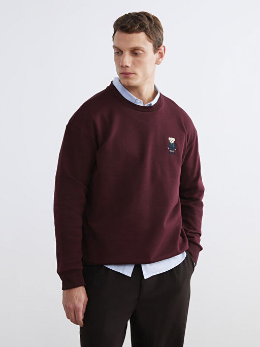 Bisiklet Yaka Ay? Teddy Bask?l? Erkek Kal?n Sweatshirt