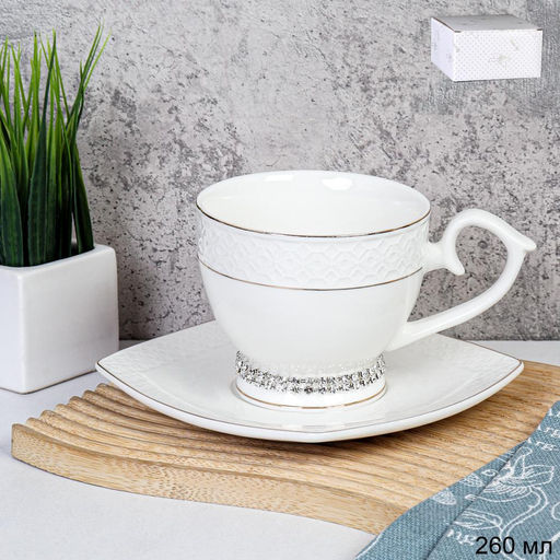 Чайная пара 2 предмета 260 мл на ножке со стразами / GA1-12G /уп 48/ костяной фарфор в подарочной упаковке