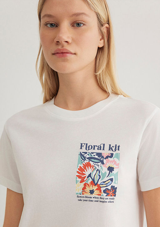 Cicek Bask?l? Ekru Tisort - Mavi фото 6