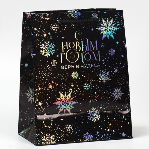 Пакет новогодний подарочный голографический «Танец снежинок», 18 х 23 х 10 см