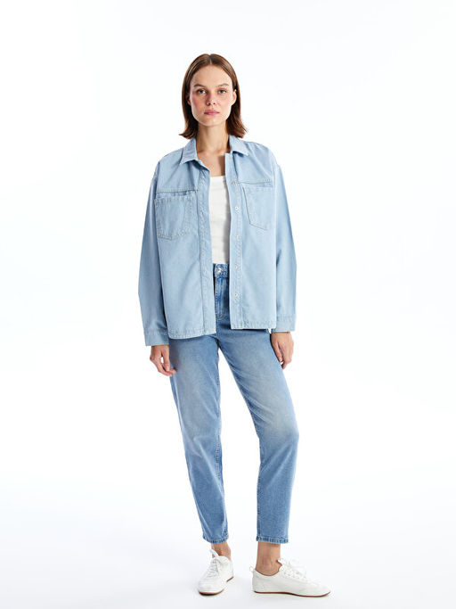 D?z Uzun Kollu Oversize Kad?n Jean G?mlek