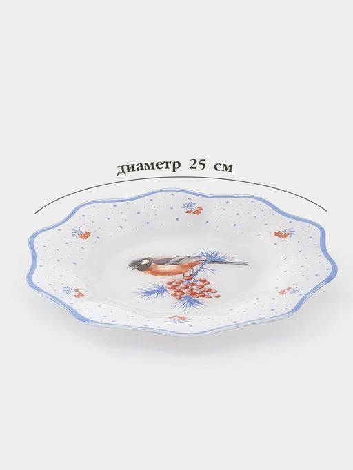 Тарелка Доляна Снегири на ветке, d=25 см, h=2 см, стекло, белая, голубая