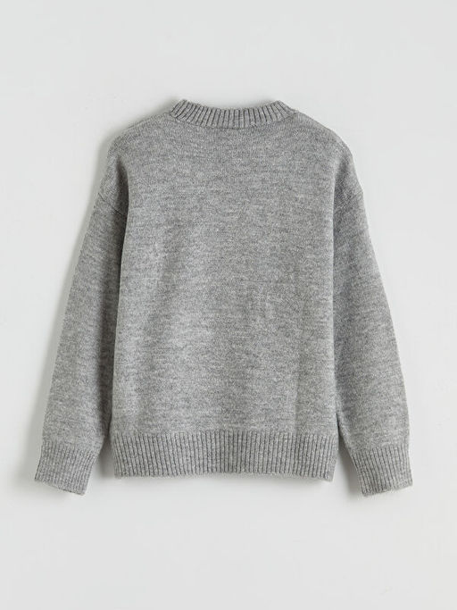 Bisiklet Yaka Desenli K?z ?ocuk Triko Kazak