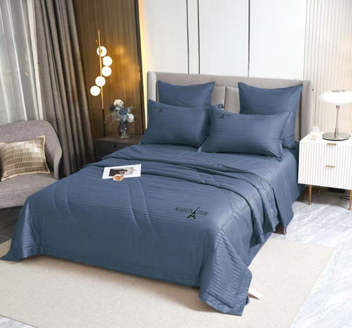 Одеяло MAISON DOR Страйп Сатин с простыней и наволочками L288-86 ГОЛУБОЙ