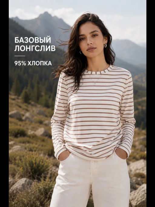Лонгслив хлопок 95%, лайкра 5%молочный тельняшка - Binita фото 13
