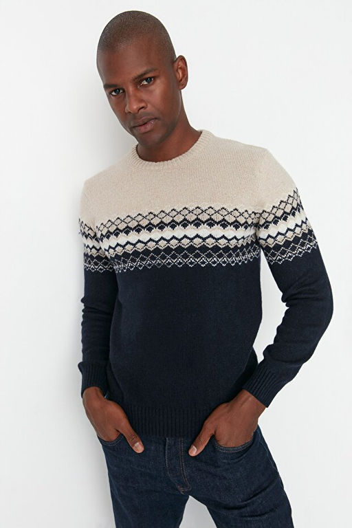 Lacivert Slim Fit Y_nl_ Bisiklet Yaka Panel Jakarl_ Triko Kazak TMNAW21KZ0738 - Trendyolmilla фото 2