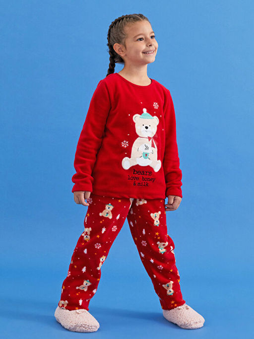 Bisiklet Yaka Y?lba?? Temal? Uzun Kollu Polar K?z ?ocuk Pijama Tak?m?