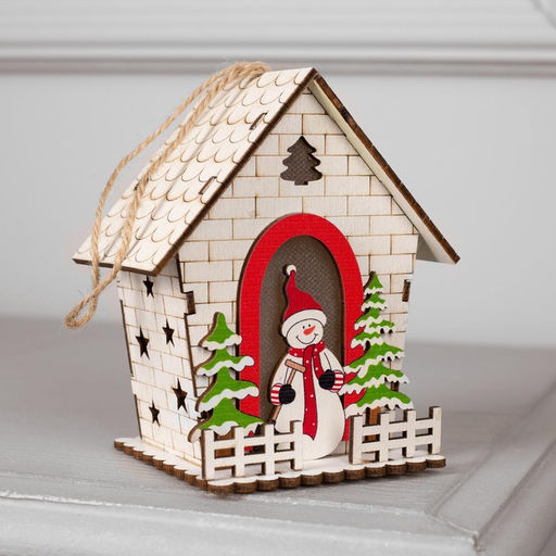 Ёлочная игрушка Домик со снеговиком, 12 см, 1 LED, от батареек, свечение тёплое белое - Luazon lighting фото 3