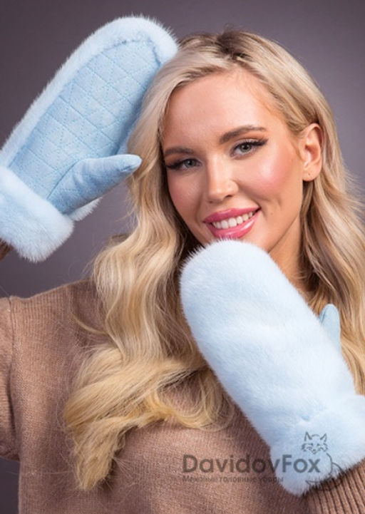 Варежки норка замша голубые