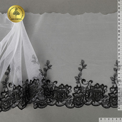 Кружево вышивка на сетке KRUZHEVO арт.TBY.OG40 шир.250мм цв.белый+черный уп.5м(20см)