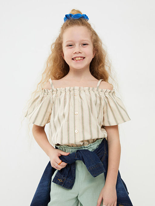 Kay?k Yaka ?izgili K?sa Kollu Pamuklu K?z ?ocuk Bluz - Waikiki фото 2