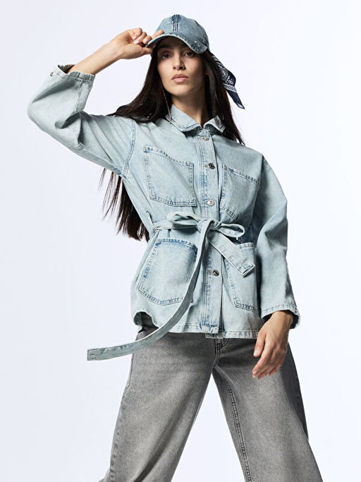 G?mlek Yaka Kad?n Jean Ceket