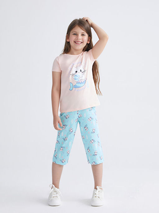 Bask?l? K?z ?ocuk ?ortlu Pijama Tak?m?