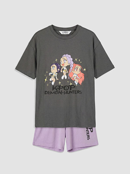 K-pop Demon Hunters Bask?l? K?z ?ocuk ?ortlu Pijama Tak?m?