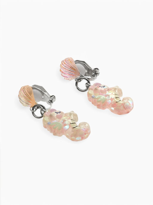 Цена за 2 шт. Серьги-клипсы детские «Выбражулька» морской конек с ракушкой перламутр, розово-белые