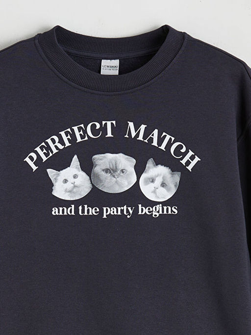 Bisiklet Yaka Bask?l? K?z ?ocuk Kal?n Sweatshirt