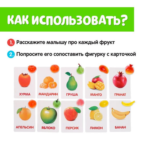 Обучающий набор по методике Г. Домана «Фрукты», 10 карточек, 10 фруктов, счётный материал, 3+, МИКС