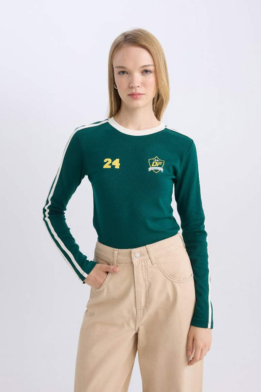 Женская крутая приталенная футболка в рубчик с длинными рукавами и принтом - Defacto фото 3