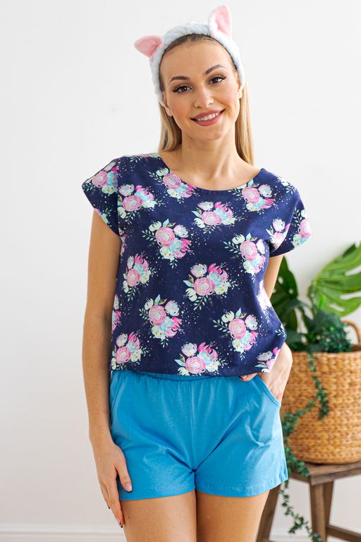 Комплект женский из футболки со спущенным плечом и шорт Fairy-tale цветы на темно-синем - Амадэль фото 11