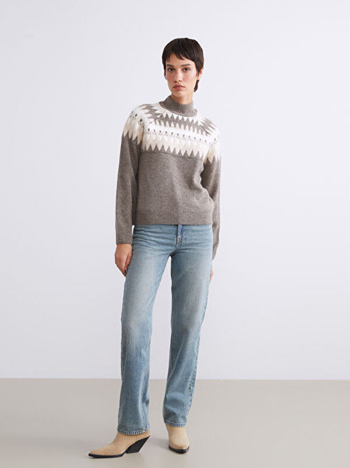 Yar?m Bal?k?? Yaka Desenli Kad?n Triko Kazak