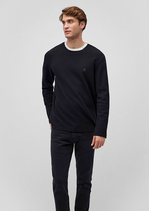 Uzun Kollu Siyah Tisort - Mavi фото 2