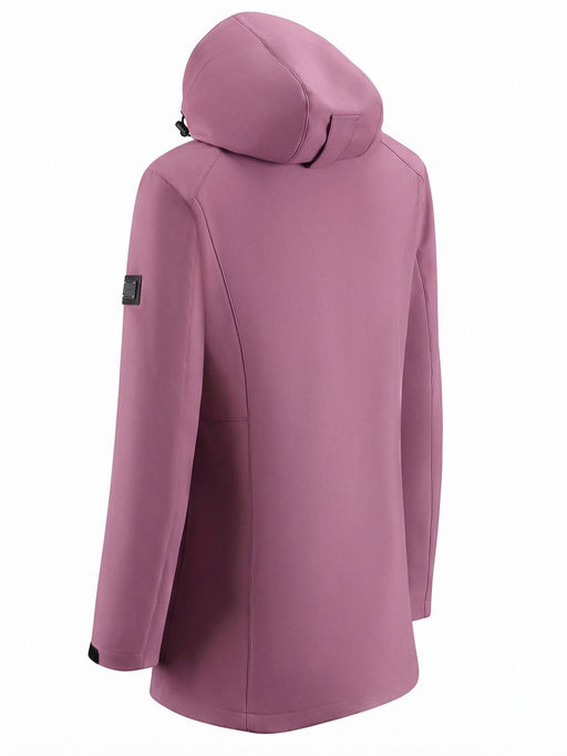 Парка женская софтшелл виндстоппер удлинённая с капюшоном малинового цвета 9614_1M