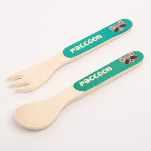 Набор детской бамбуковой посуды Енотик, тарелка, миска, стакан, приборы, 5 предметов - Крошка я фото 8