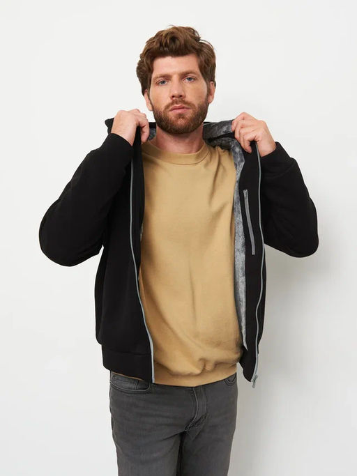 Акция -10%!!! М-34 Куртка-толстовка мужская на меховой подкладке (черный)