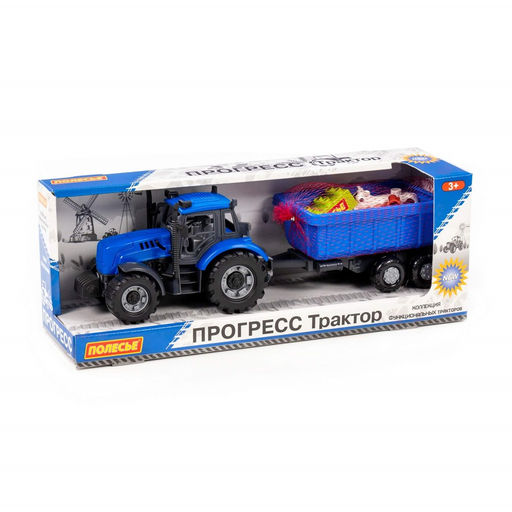 Трактор "Прогресс" с прицепом инерционный, синий + конструктор "Макси" 6эл. (02284) в коробке 39,5*11,5*14,5см, Полесье