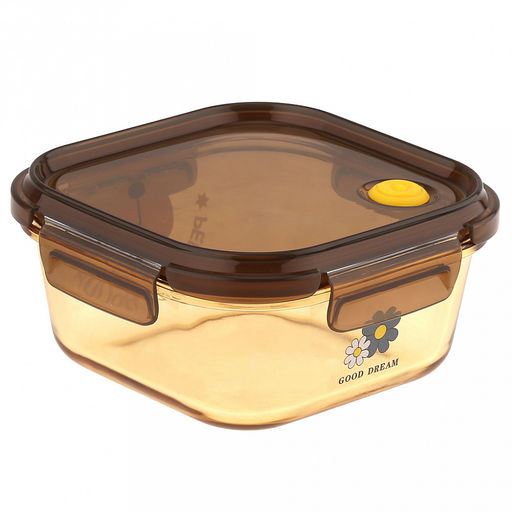 "Мишины мечты" Контейнер стеклянный 780мл, 14,8х14,8см h6,3см, боросиликатное стекло, с деколью, цвет - медовый, квадратный, пластмассовая крышка с пароотводом, герметичная, с клипсами, с силиконовым уплотнителем (Китай)