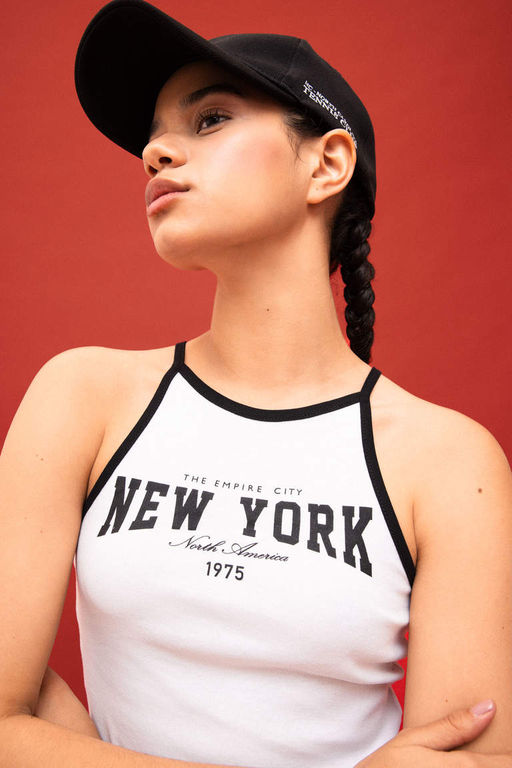 DeFactoFit укороченная майка в рубчик с круглым вырезом и принтом