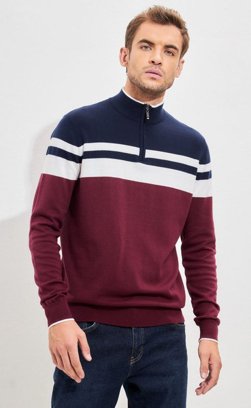 Джемпер мужской в полоску с воротником-стойкой на молнии F221-15-831 сине-бордовый - Fine joyce фото 2