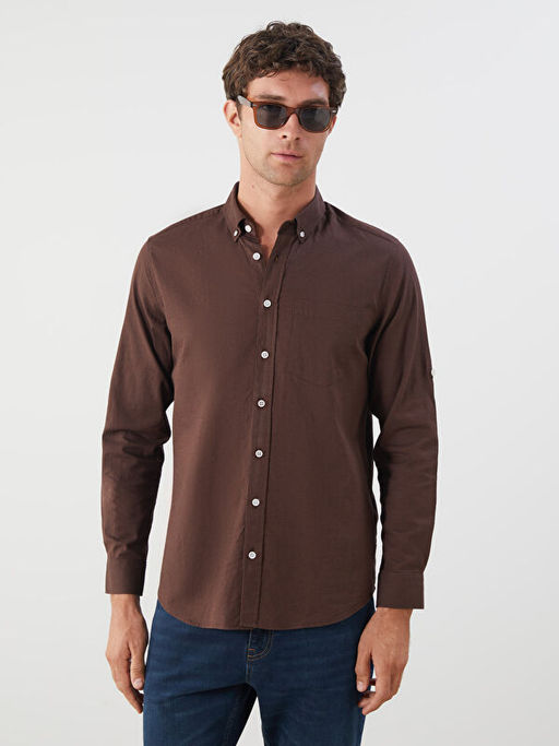 Regular Fit Uzun Kollu Keten Kar???ml? Erkek G?mlek