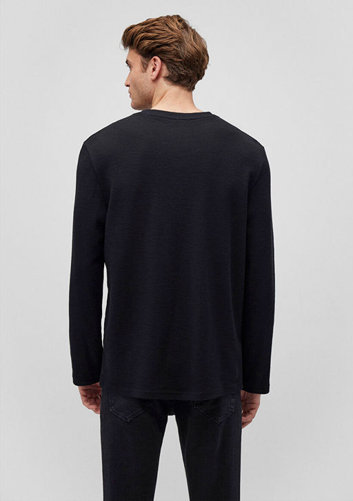 Uzun Kollu Siyah Tisort - Mavi фото 4