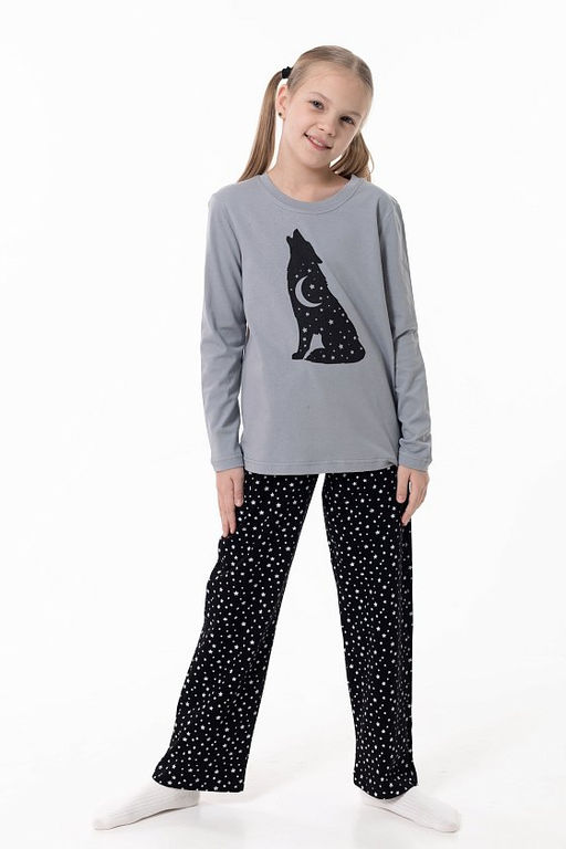 Пижама футболка с длинным рукавом и брюки М225116Псч серый/черный - Елена фото 3