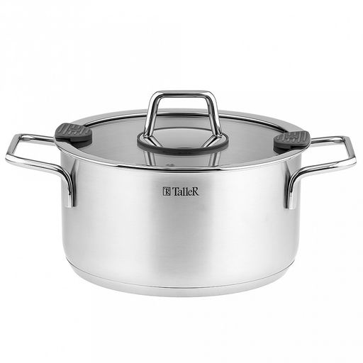 Кастрюля из нержавеющей стали "Сascade" 3л, д20см, h10,5-15см, s0,6мм, дно д18,5см, s2,9мм, стеклянная крышка со стальным ободом и сливом, пароотовод, капсулированное дно, полировка внешняя - матовая, внутренняя - матовая, ручки из нержавеющей стали